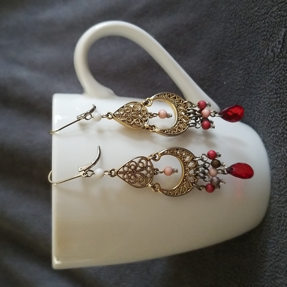 Red and Gold Filigree Dangle Earrings